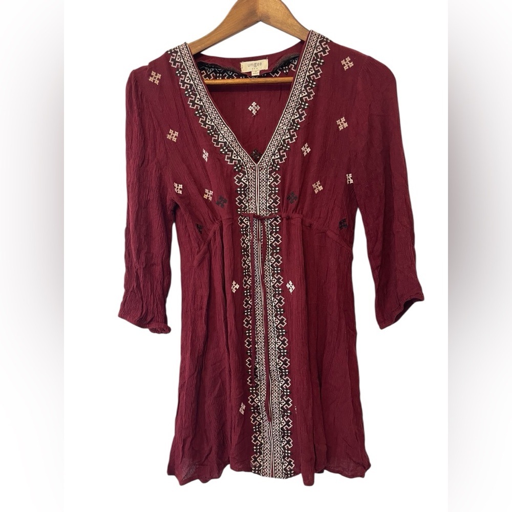 Women’s Umgee Embroidered Tie‎ Waist Tunic Top Size S Peasant Boho Red